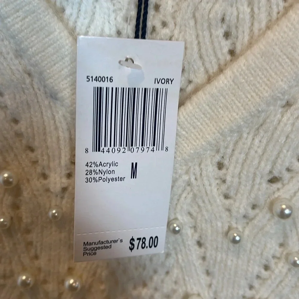 Industry Pearl Long Sleeve Ruffle Pointelle V-Neck Cable Pullover Sweater size M